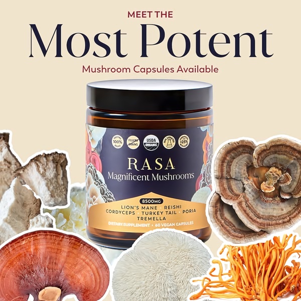 A square-format product showcase featuring a high-authority claim about mushroom supplement potency, surrounded by botanical imagery of the ingredients.